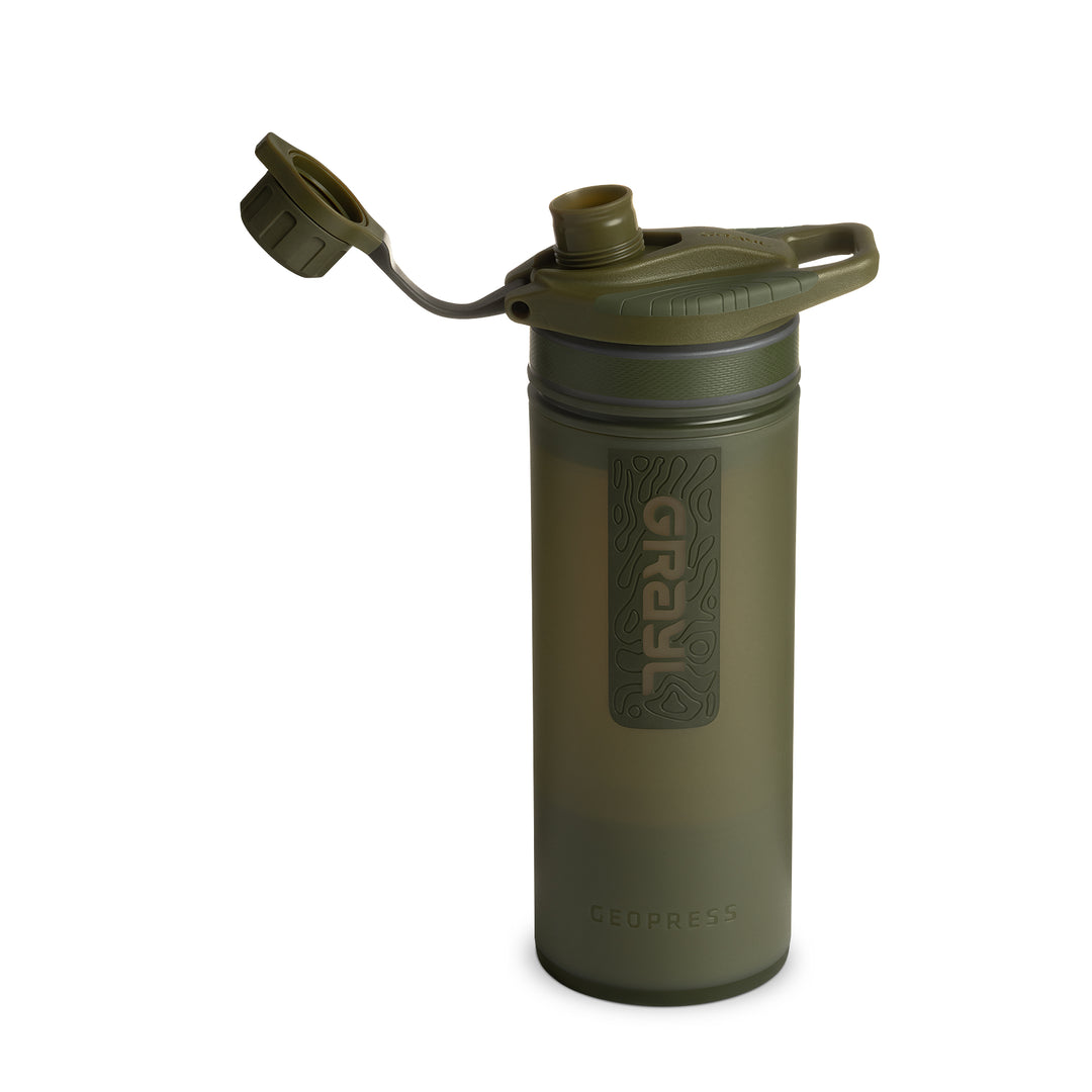 Best top rated Grayl GeoPress Filter and Purifier Water Bottle - 24 Fluid Ounces / Covert Edition / Spout Cap Off View / Olive Drab