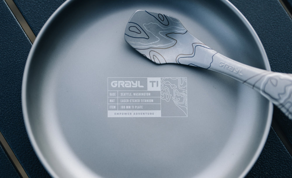 Premium Laser Etching on all piece in the Grayl® Titanium Dinnerware Set.